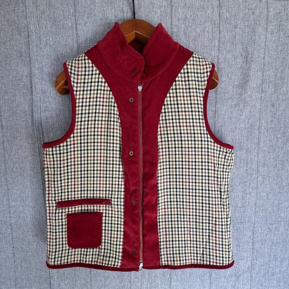Orvis Quilted Deep Ruby Red Tan Corduroy Pocket Piping Zip Front Vest Size Large - Picture 6 of 11